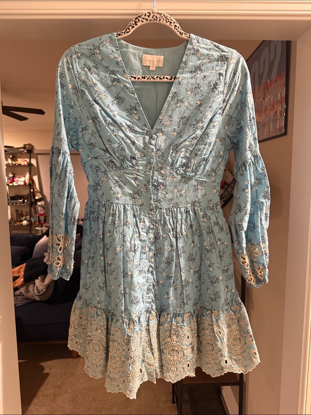 Light Blue Floral Lace-Trim Mini Dress
